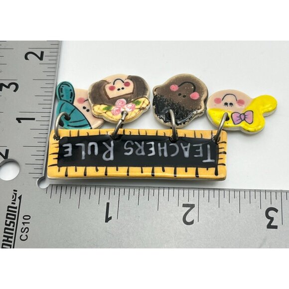 Vintage Teachers Rule Brooch Ruler Pin with Four Dangling Student Faces - Picture 3 of 7